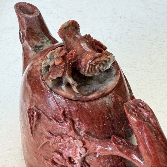 Vintage Chinese Natural Red Shoushan Stone Carved Cherry Tree Blossom Teapot - Picture 10 of 16